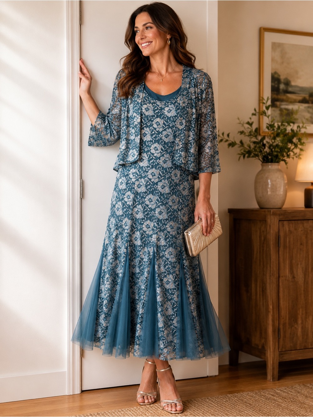 Candalite 2-Piece Teal Floral Lace Dress Set Formal Occasion Mother of the Bride